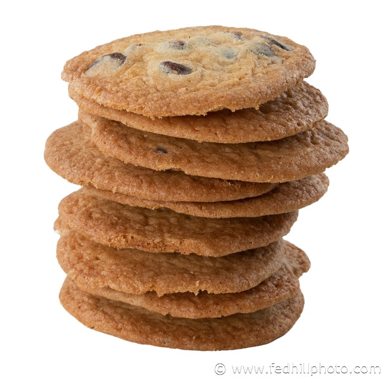 Food photo of a stack of chocolate chip cookies.