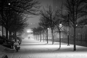 Fine art black and white photo of a snowy night at the Inner Harbor, Baltimore, Maryland.