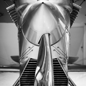 Black and white fine art photo of Curtiss F6C-1 Hawk military aircraft at National Museum of Naval Aviation.