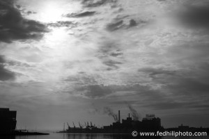 Morning sun over Domino Sugar Factory, Inner Harbor, Harbor Point, and Sandlot in Baltimore, Maryland