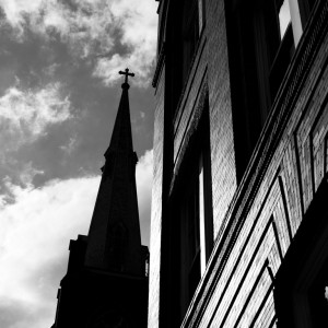 Fine art black and white photo of Holy Cross Roman Catholic Church, Federal Hill, Baltimore, Maryland.