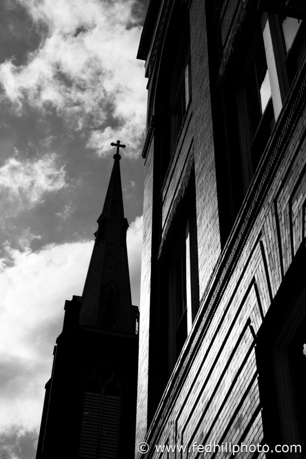 Fine art black and white photo of Holy Cross Roman Catholic Church, Federal Hill, Baltimore, Maryland.