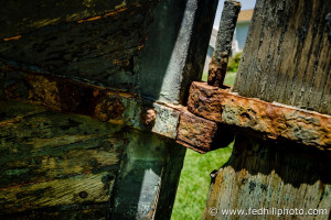 Fine art nautical photo of rust and decay on the rudder and stern of Captain John Smith's shallop, a boat.