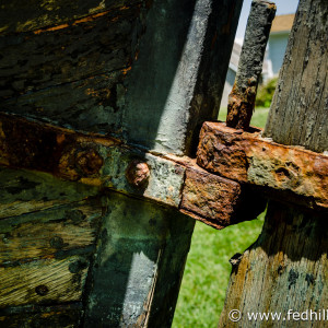 Fine art nautical photo of rust and decay on the rudder and stern of Captain John Smith's shallop, a boat.