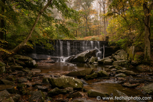 Fine art photograph of Rock Run Grist mill dam, waterfall, forest, water and fog at Susquehanna State Park.
