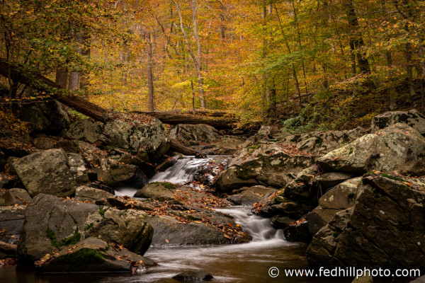 Fine art autumn nature photo of Broad Run stream feeding into Gunpowder Falls river.