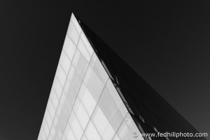 Black and white fine art photo of an edge of the Maryland Institute College of Art (MICA) Brown Center in Baltimore, Maryland.